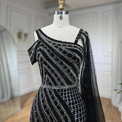Serene Hill Arabic Dubai Black Long Cloak Mermaid Beaded Luxury Evening Dresses Gowns for Women Wedding Party 2025 LA72296 - SERENE HILL