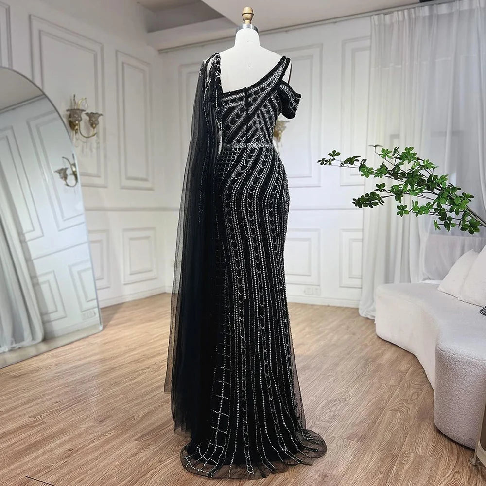 Serene Hill Arabic Dubai Black Long Cloak Mermaid Beaded Luxury Evening Dresses Gowns for Women Wedding Party 2025 LA72296 - SERENE HILL