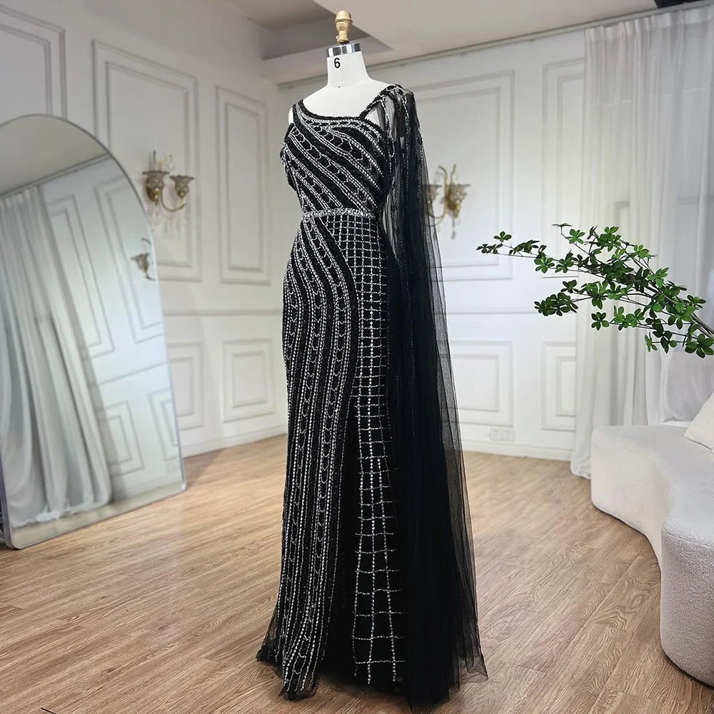 Serene Hill Arabic Dubai Black Long Cloak Mermaid Beaded Luxury Evening Dresses Gowns for Women Wedding Party 2025 LA72296 Black / 16