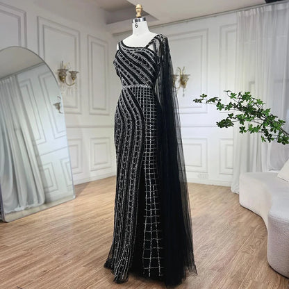 Serene Hill Arabic Dubai Black Long Cloak Mermaid Beaded Luxury Evening Dresses Gowns for Women Wedding Party 2025 LA72296 - SERENE HILL