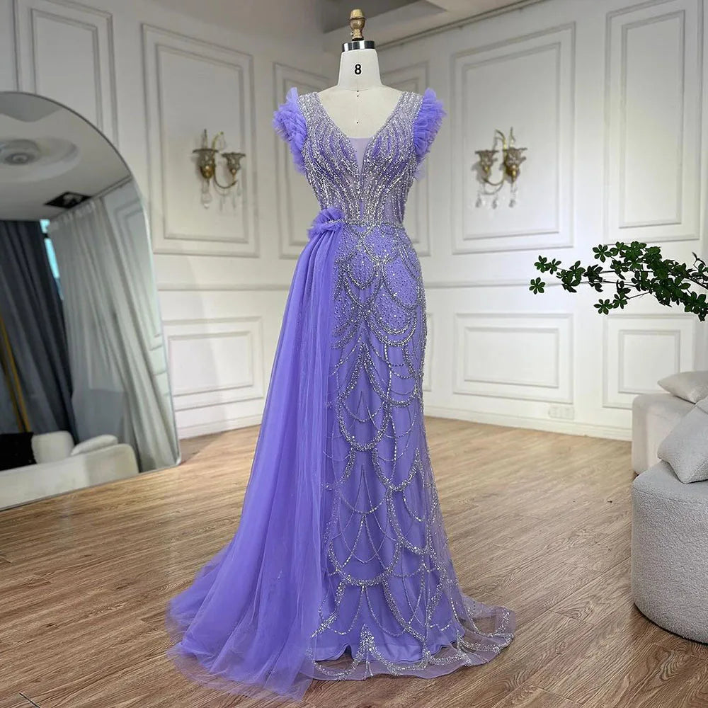 Serene Hill Arabic Dubai Lilac Mermaid With Overskirt Beaded Luxury Evening Dresses Gowns for Women Wedding Party 2025 LA72564 - SERENE HILL