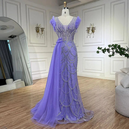 Serene Hill Arabic Dubai Lilac Mermaid With Overskirt Beaded Luxury Evening Dresses Gowns for Women Wedding Party 2025 LA72564 - SERENE HILL