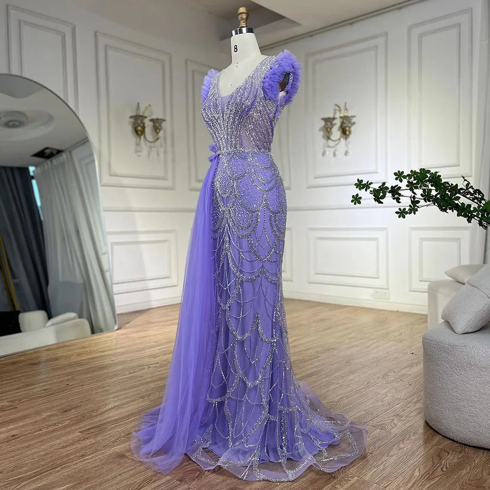 Serene Hill Arabic Dubai Lilac Mermaid With Overskirt Beaded Luxury Evening Dresses Gowns for Women Wedding Party 2025 LA72564 - SERENE HILL