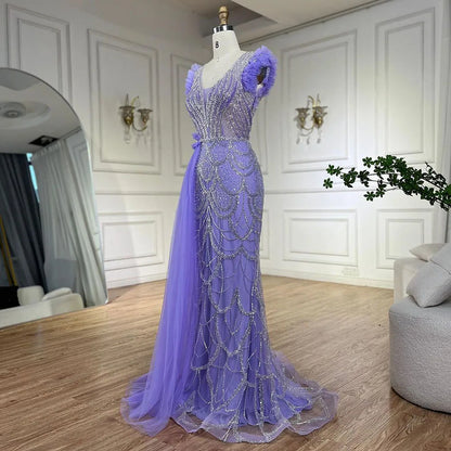 Serene Hill Arabic Dubai Lilac Mermaid With Overskirt Beaded Luxury Evening Dresses Gowns for Women Wedding Party 2025 LA72564 - SERENE HILL