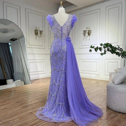 Serene Hill Arabic Dubai Lilac Mermaid With Overskirt Beaded Luxury Evening Dresses Gowns for Women Wedding Party 2025 LA72564 - SERENE HILL