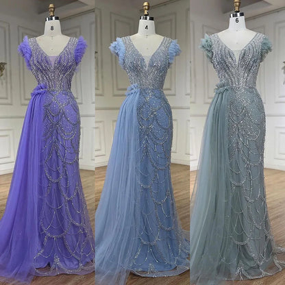 Serene Hill Arabic Dubai Lilac Mermaid With Overskirt Beaded Luxury Evening Dresses Gowns for Women Wedding Party 2025 LA72564 - SERENE HILL