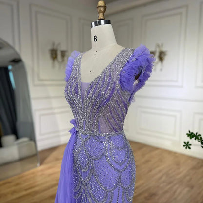 Serene Hill Arabic Dubai Lilac Mermaid With Overskirt Beaded Luxury Evening Dresses Gowns for Women Wedding Party 2025 LA72564 - SERENE HILL