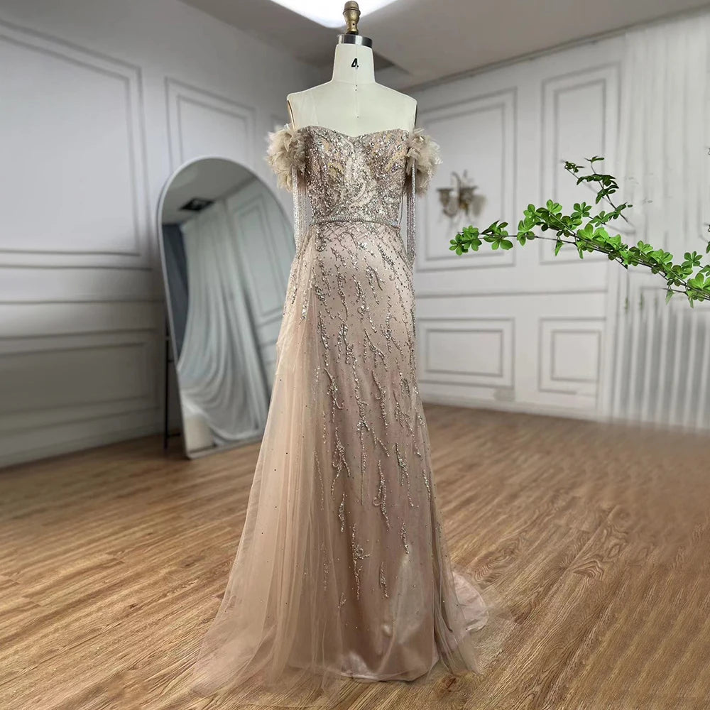 Serene Hill Arabic Dubai Nude Mermaid Luxury Evening Dresses Gowns Boat Neck Beaded Tassel For Women Wedding Party 2025 LA72260 - SERENE HILL