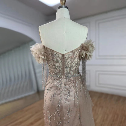 Serene Hill Arabic Dubai Nude Mermaid Luxury Evening Dresses Gowns Boat Neck Beaded Tassel For Women Wedding Party 2025 LA72260 - SERENE HILL