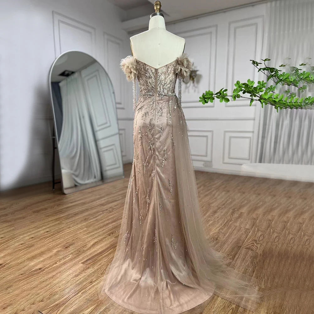 Serene Hill Arabic Dubai Nude Mermaid Luxury Evening Dresses Gowns Boat Neck Beaded Tassel For Women Wedding Party 2025 LA72260 - SERENE HILL