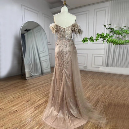 Serene Hill Arabic Dubai Nude Mermaid Luxury Evening Dresses Gowns Boat Neck Beaded Tassel For Women Wedding Party 2025 LA72260 - SERENE HILL