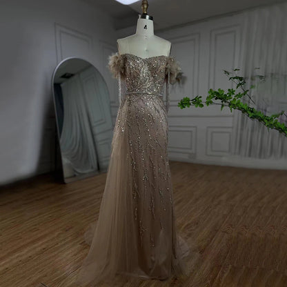 Serene Hill Arabic Dubai Nude Mermaid Luxury Evening Dresses Gowns Boat Neck Beaded Tassel For Women Wedding Party 2025 LA72260 - SERENE HILL
