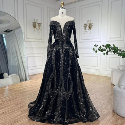 Serene Hill Arabic Elegant Black A Line Shiny Beaded Luxury Dubai Evening Dresses Gowns For Women Wedding Party 2025 LA72566 - SERENE HILL
