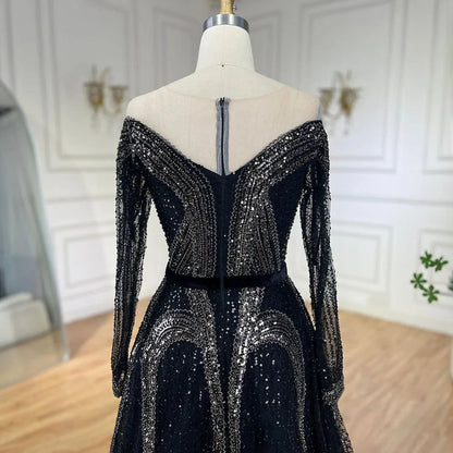 Serene Hill Arabic Elegant Black A Line Shiny Beaded Luxury Dubai Evening Dresses Gowns For Women Wedding Party 2025 LA72566 - SERENE HILL