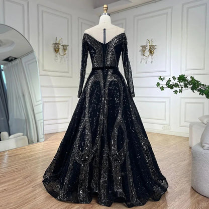 Serene Hill Arabic Elegant Black A Line Shiny Beaded Luxury Dubai Evening Dresses Gowns For Women Wedding Party 2025 LA72566 - SERENE HILL