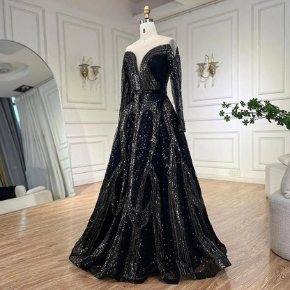 Serene Hill Arabic Elegant Black A Line Shiny Beaded Luxury Dubai Evening Dresses Gowns For Women Wedding Party 2025 LA72566 - SERENE HILL