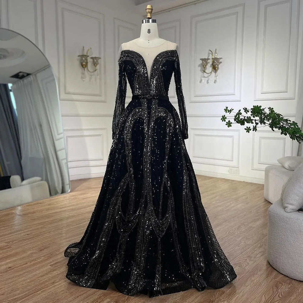 Serene Hill Arabic Elegant Black A Line Shiny Beaded Luxury Dubai Evening Dresses Gowns For Women Wedding Party 2025 LA72566 - SERENE HILL