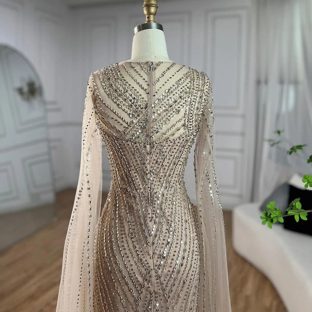 Luxury Nude Beaded Mermaid Evening Dress with Cape Sleeves LA71429B - SERENE HILL