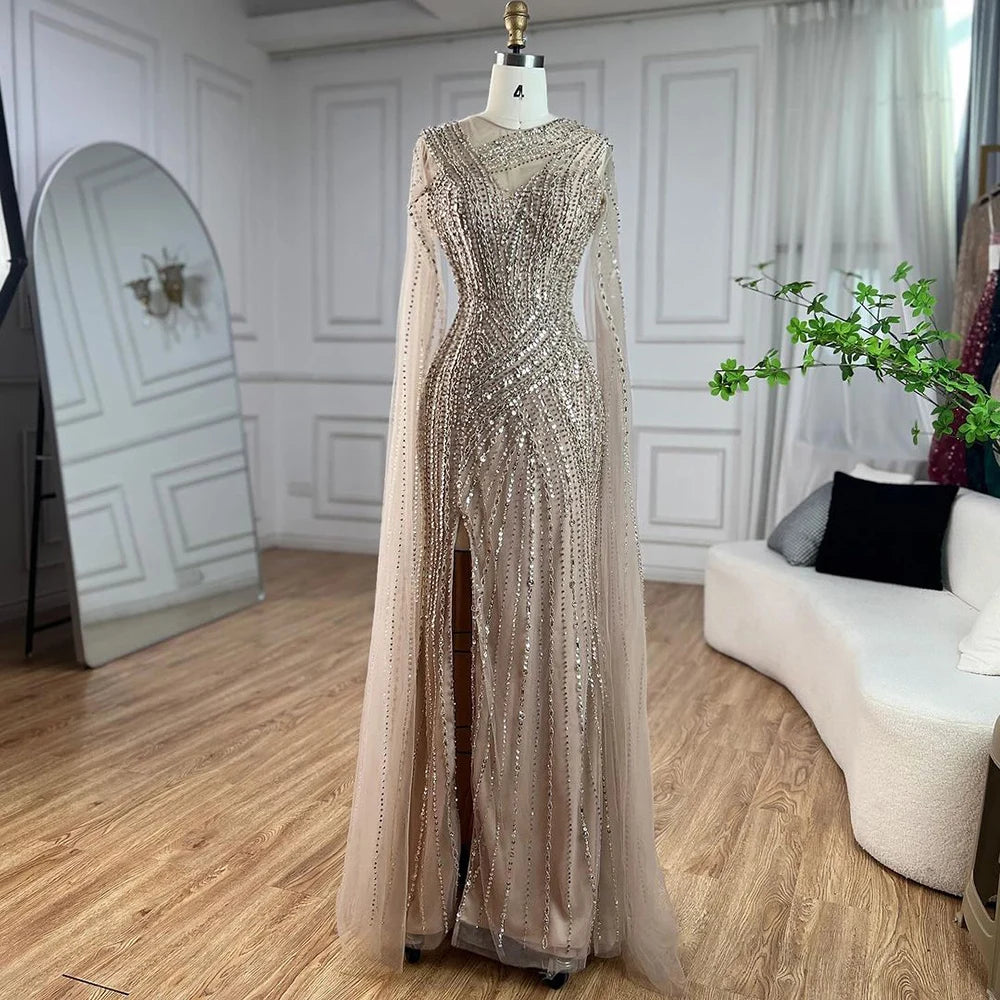 Luxury Nude Beaded Mermaid Evening Dress with Cape Sleeves LA71429B - SERENE HILL