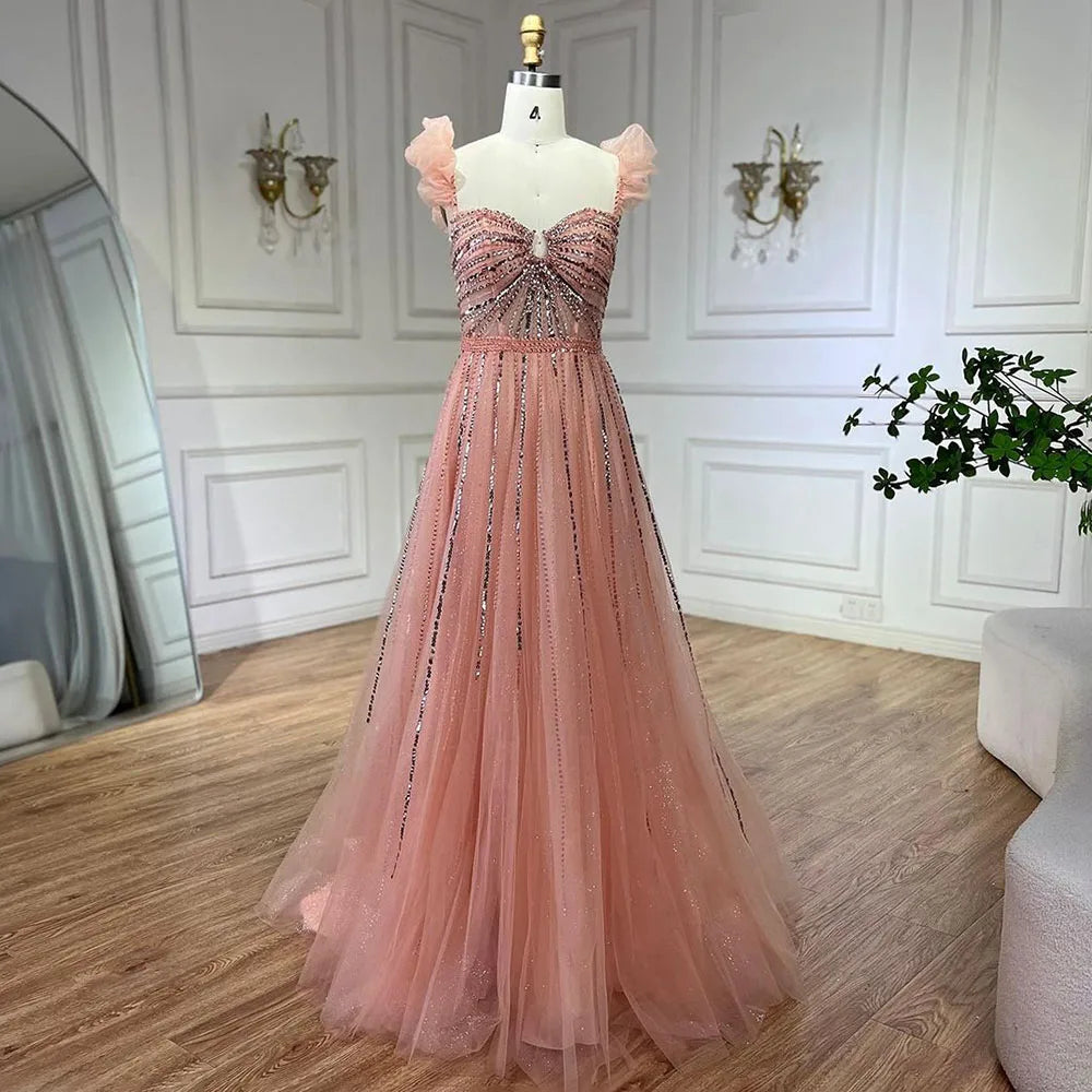 Serene Hill Arabic Elegant Peach Beaded A-Line Evening Gown 2025 Boat Neck Luxury Dress for Women Long Party Dress LA72324 - SERENE HILL