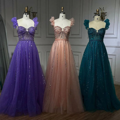 Serene Hill Arabic Elegant Peach Beaded A-Line Evening Gown 2025 Boat Neck Luxury Dress for Women Long Party Dress LA72324 - SERENE HILL