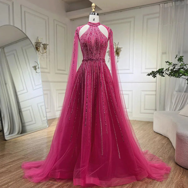 Serene Hill Arabic Fuchsia A Line Cape Sleeve Beaded Luxury Dubai Evening Dresses Gowns For Women Wedding Party 2025 LA72306