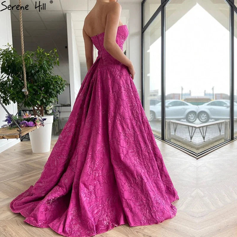Serene Hill Arabic Fuchsia Elegant Evening Dresses 2025 Luxury Dubai A-Line Sleeveless Formal Dress Long Design LA70699 - SERENE HILL
