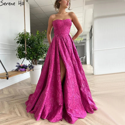 Serene Hill Arabic Fuchsia Elegant Evening Dresses 2025 Luxury Dubai A-Line Sleeveless Formal Dress Long Design LA70699 - SERENE HILL