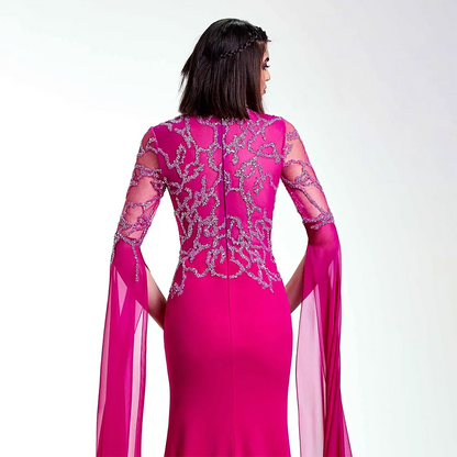 Serene Hill Arabic Fuchsia Mermaid Cape Sleeves Luxury Dubai Evening Dress Beaded With Gloves for Women&