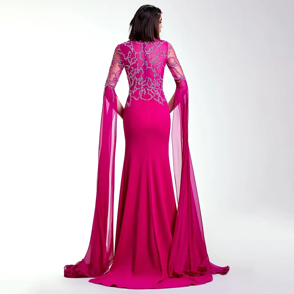 Serene Hill Arabic Fuchsia Mermaid Cape Sleeves Luxury Dubai Evening Dress Beaded With Gloves for Women&