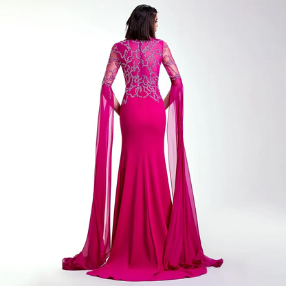 Serene Hill Arabic Fuchsia Mermaid Cape Sleeves Luxury Dubai Evening Dress Beaded With Gloves for Women&