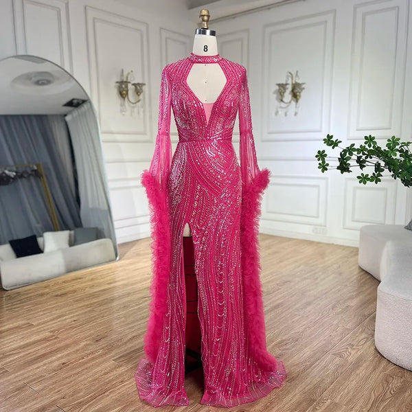 Serene Hill Arabic Luxury Fuchsia Evening Dress with Cape Sleeves LA72597