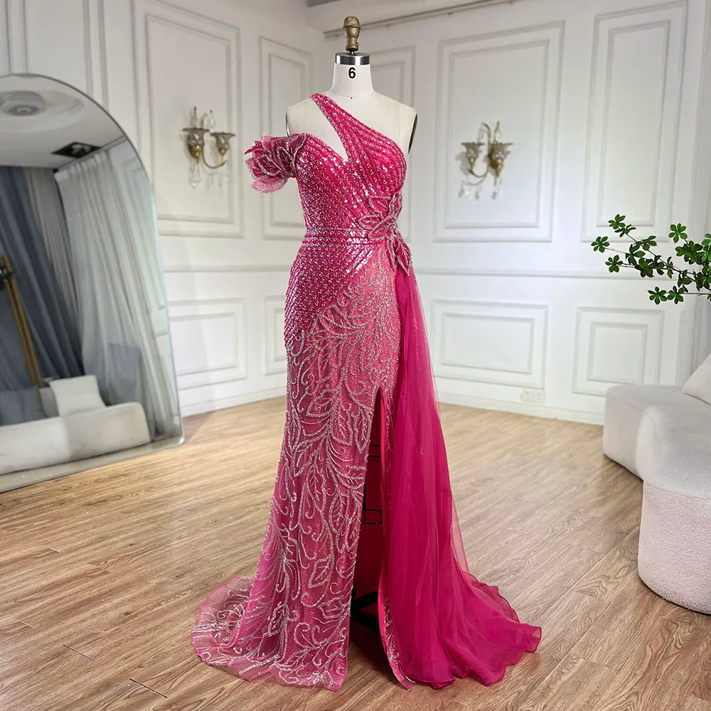 Serene Hill Arabic Fuchsia One-Shoulder Tulle Overskirt Mermaid Beaded Evening Gown for Women | Wedding Party 2025 LA72599 - SERENE HILL