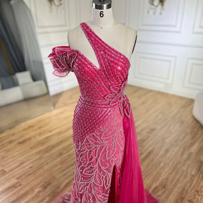 Serene Hill Arabic Fuchsia One-Shoulder Tulle Overskirt Mermaid Beaded Evening Gown for Women | Wedding Party 2025 LA72599 - SERENE HILL