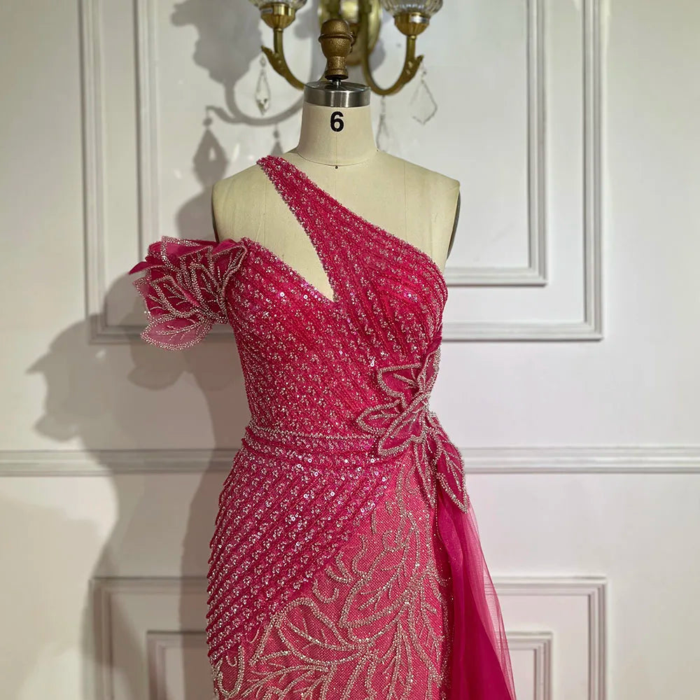 Serene Hill Arabic Fuchsia One-Shoulder Tulle Overskirt Mermaid Beaded Evening Gown for Women | Wedding Party 2025 LA72599 - SERENE HILL