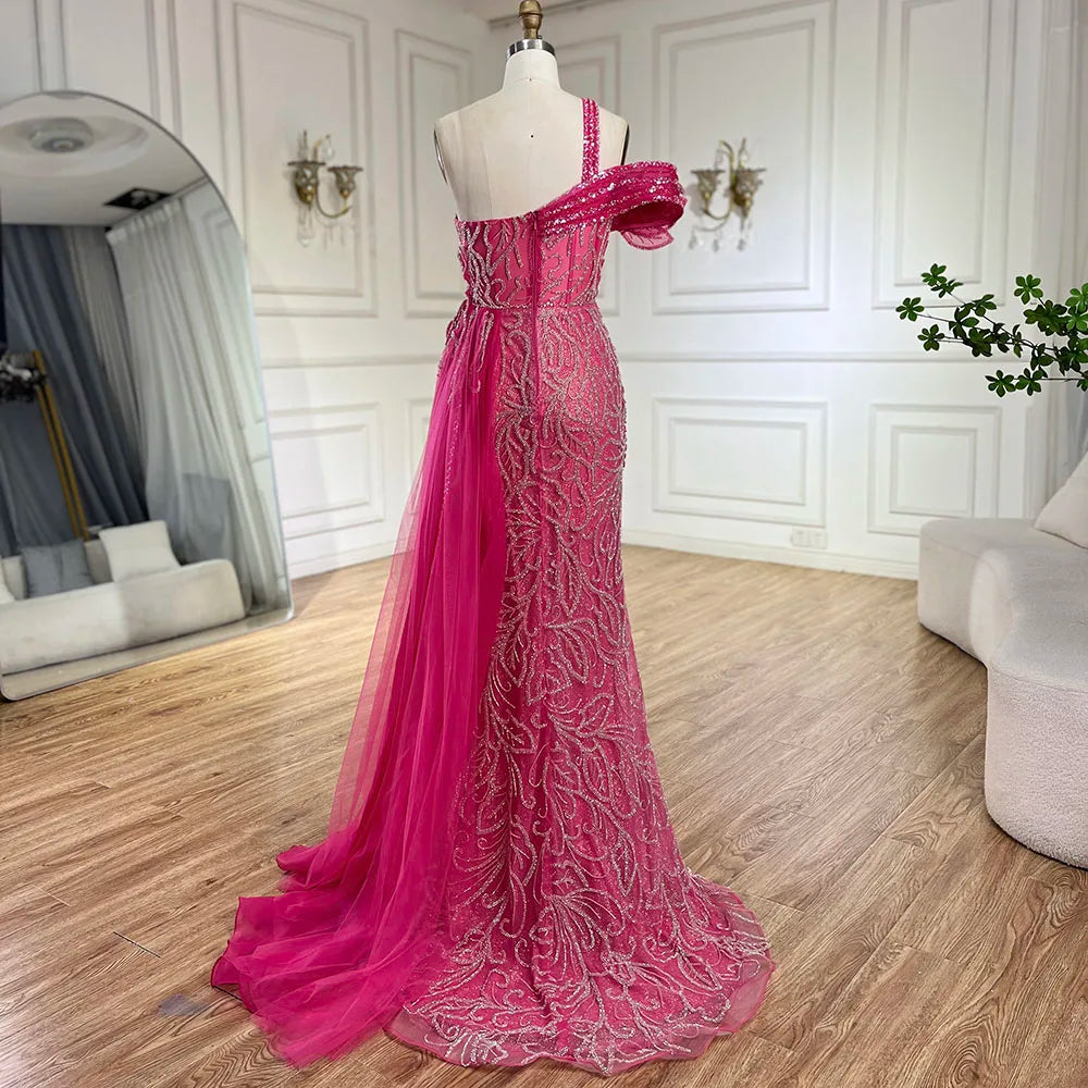 Serene Hill Arabic Fuchsia One-Shoulder Tulle Overskirt Mermaid Beaded Evening Gown for Women | Wedding Party 2025 LA72599 - SERENE HILL