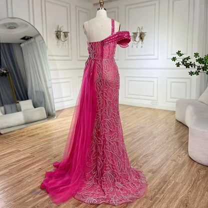 Serene Hill Arabic Fuchsia One-Shoulder Tulle Overskirt Mermaid Beaded Evening Gown for Women | Wedding Party 2025 LA72599 - SERENE HILL