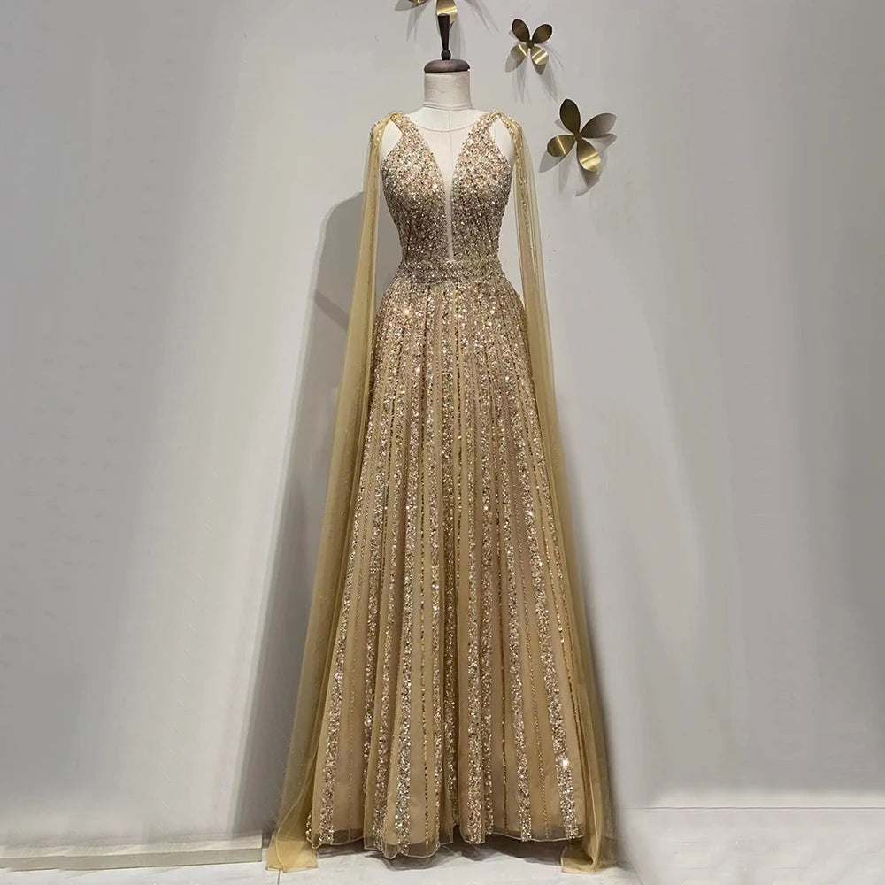 Serene Hill Arabic Gold A Line Cape Sleeves Beaded Luxury Dubai Long Evening Dresses Gowns 2025 For Women Wedding Party LA71941 - SERENE HILL