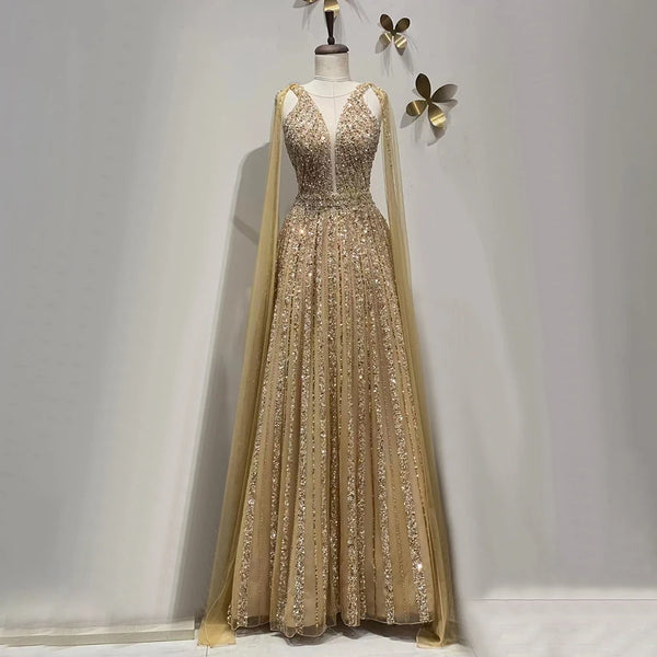 Serene Hill Arabic Gold A Line Cape Sleeves Beaded Luxury Dubai Long Evening Dresses Gowns 2025 For Women Wedding Party LA71941