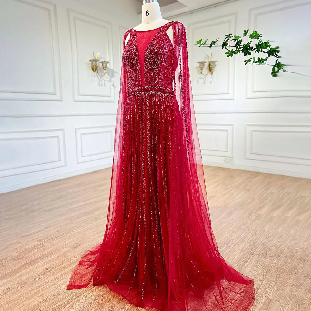 Serene Hill Arabic Gold A Line Cape Sleeves Beaded Luxury Dubai Long Evening Dresses Gowns 2025 For Women Wedding Party LA71941 - SERENE HILL
