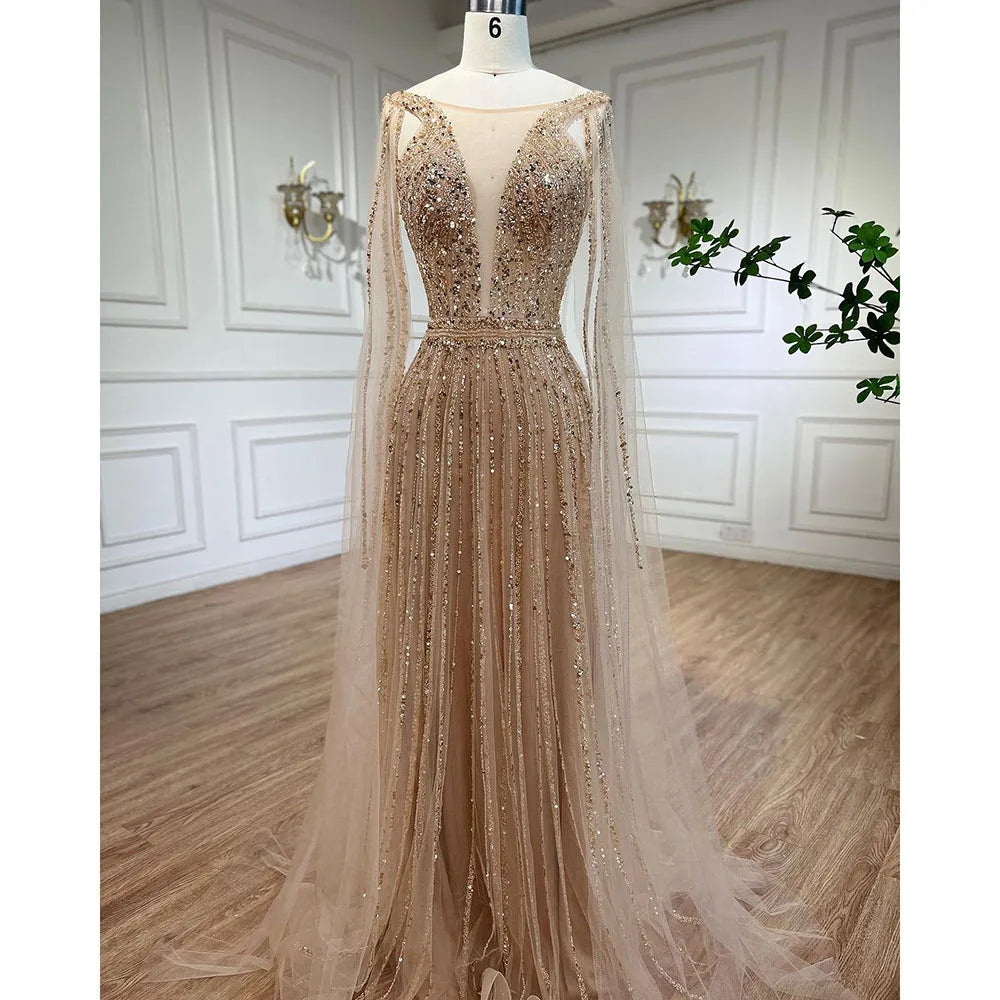 Serene Hill Arabic Gold A Line Cape Sleeves Beaded Luxury Dubai Long Evening Dresses Gowns 2025 For Women Wedding Party LA71941 - SERENE HILL