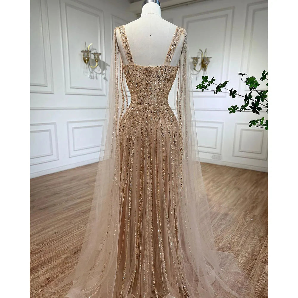 Serene Hill Arabic Gold A Line Cape Sleeves Beaded Luxury Dubai Long Evening Dresses Gowns 2025 For Women Wedding Party LA71941 - SERENE HILL