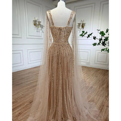 Serene Hill Arabic Gold A Line Cape Sleeves Beaded Luxury Dubai Long Evening Dresses Gowns 2025 For Women Wedding Party LA71941 - SERENE HILL