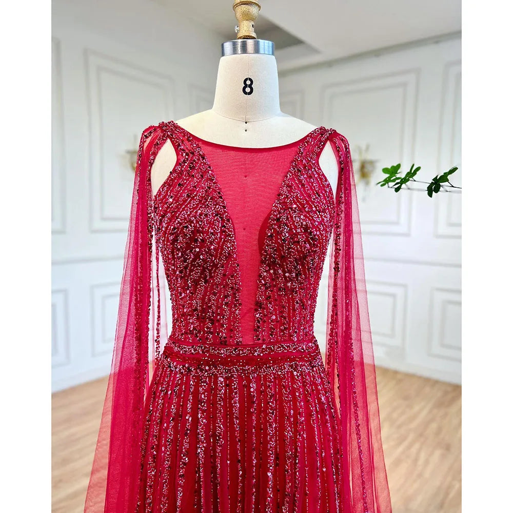 Serene Hill Arabic Gold A Line Cape Sleeves Beaded Luxury Dubai Long Evening Dresses Gowns 2025 For Women Wedding Party LA71941 - SERENE HILL