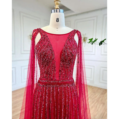 Serene Hill Arabic Gold A Line Cape Sleeves Beaded Luxury Dubai Long Evening Dresses Gowns 2025 For Women Wedding Party LA71941 - SERENE HILL