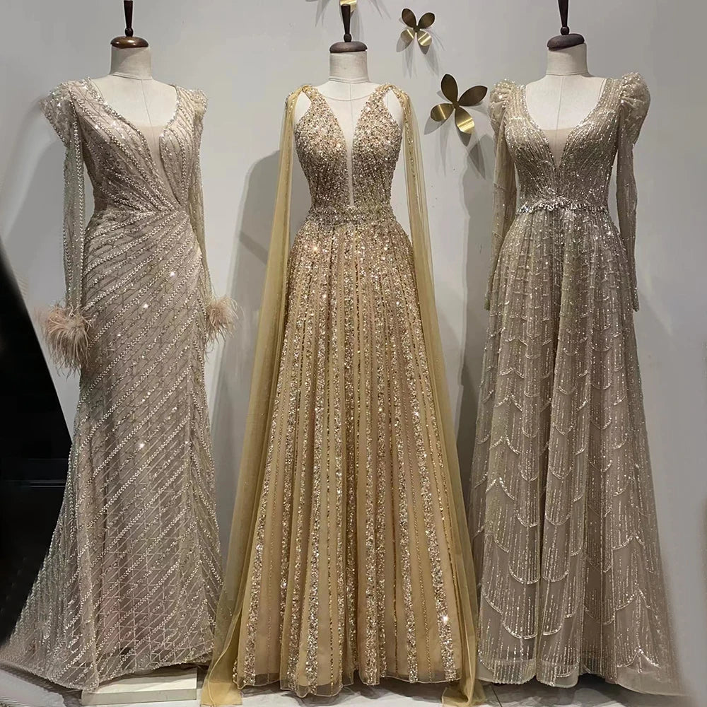 Serene Hill Arabic Gold A Line Cape Sleeves Beaded Luxury Dubai Long Evening Dresses Gowns 2025 For Women Wedding Party LA71941 - SERENE HILL