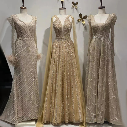 Serene Hill Arabic Gold A Line Cape Sleeves Beaded Luxury Dubai Long Evening Dresses Gowns 2025 For Women Wedding Party LA71941 - SERENE HILL