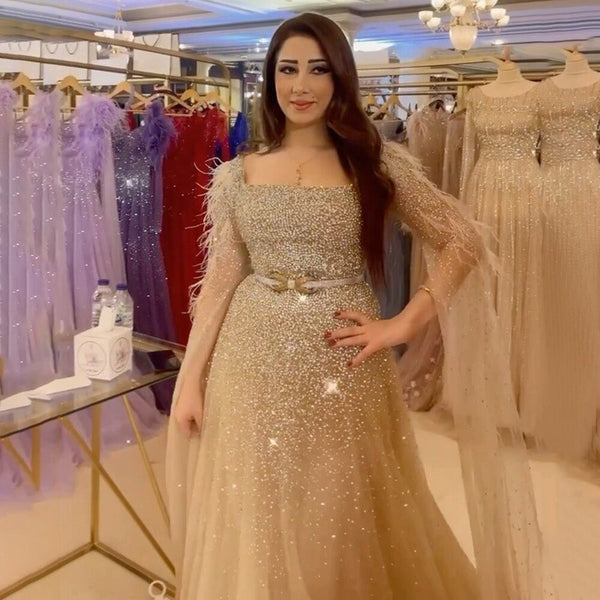 Serene Hill Arabic Gold A Line Sexy Feathers Cape Sleeves Beaded Luxury Evening Dresses Gowns For Women Party 2025 LA71782