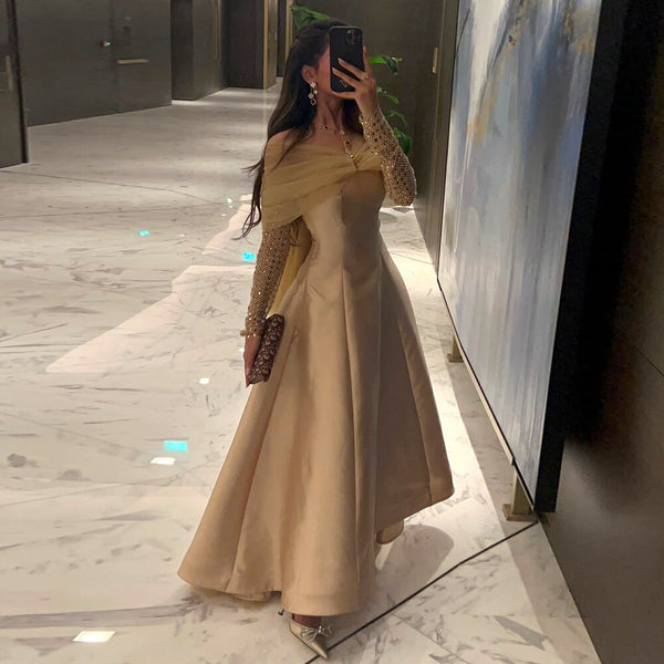 Serene Hill Arabic Gold Satin A-Line Beaded Crystal Luxury Dubai Evening Dresses Gowns 2025 For Women Wedding Party LA71954
