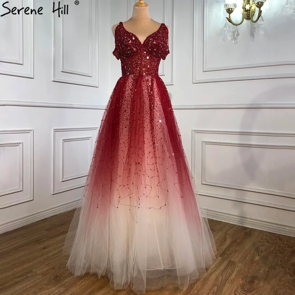 Serene Hill Arabic Gradual Change Red Evening Dresses Gowns 2025 Beaded Luxury A Line Sexy For Women Wedding Party LA70983 - SERENE HILL